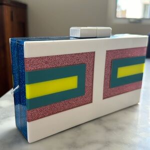 Sondra Roberts white geo acrylic miniaudiere handbag